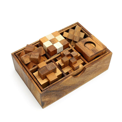 Set of 6 Mini Puzzle in wooden Box - Wooden 3D Logic Wood Brain Teaser Puzzle