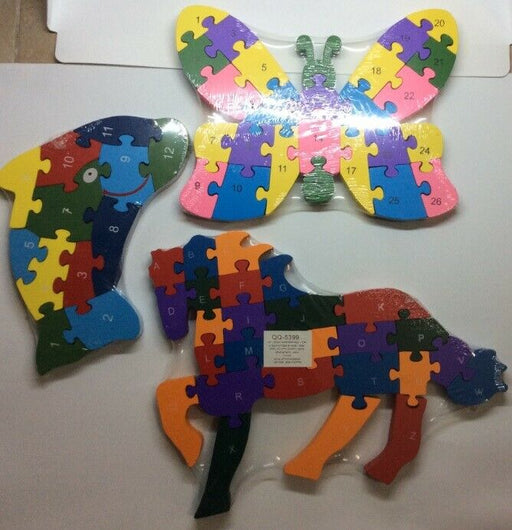 3 sets Dolphin & Butterfly & Hourse Wooden ABC Numbers Puzzle For Kids