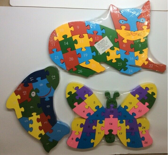 3 sets Dolphin & Cat & Butterfly Wooden ABC Numbers Puzzle For Kids