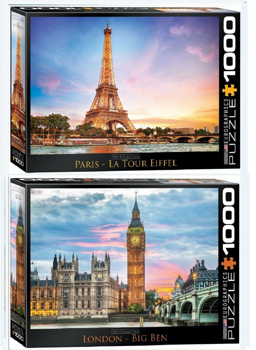 2 puzzles 1000 pcs Peris Eiffel + London Big Ben Eurographics puzzles