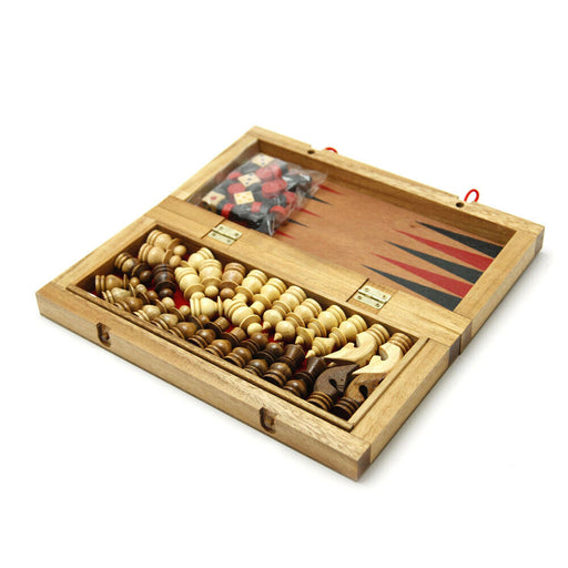 Set of Chess Checkers and Backgammon - Wooden 3D Logic Wood Brain Teaser