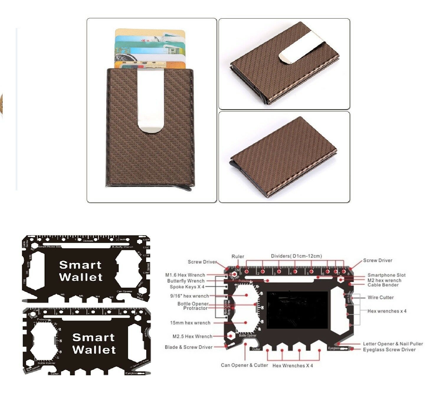 Metal Wallet money Clip for credit cards RFID Blocker + Smart Multi Tool