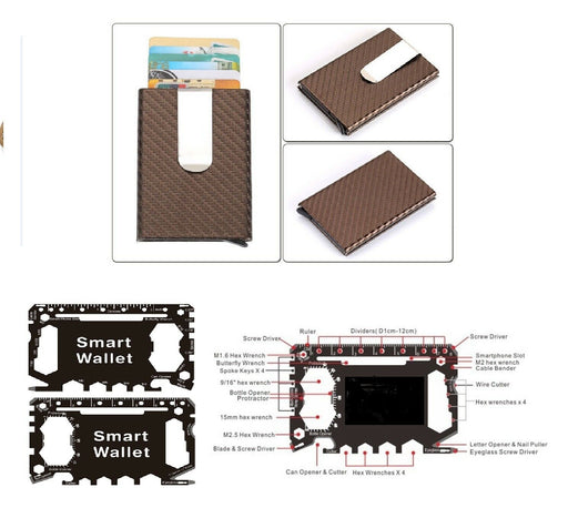 Metal Wallet money Clip for credit cards RFID Blocker + Smart Multi Tool