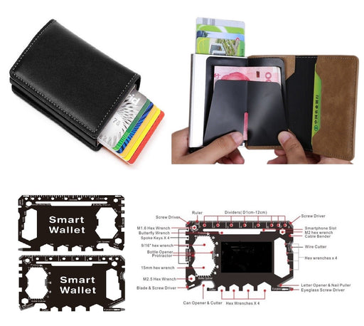 Metal Wallet money Clip for credit cards RFID Blocker + Smart Multi Tool