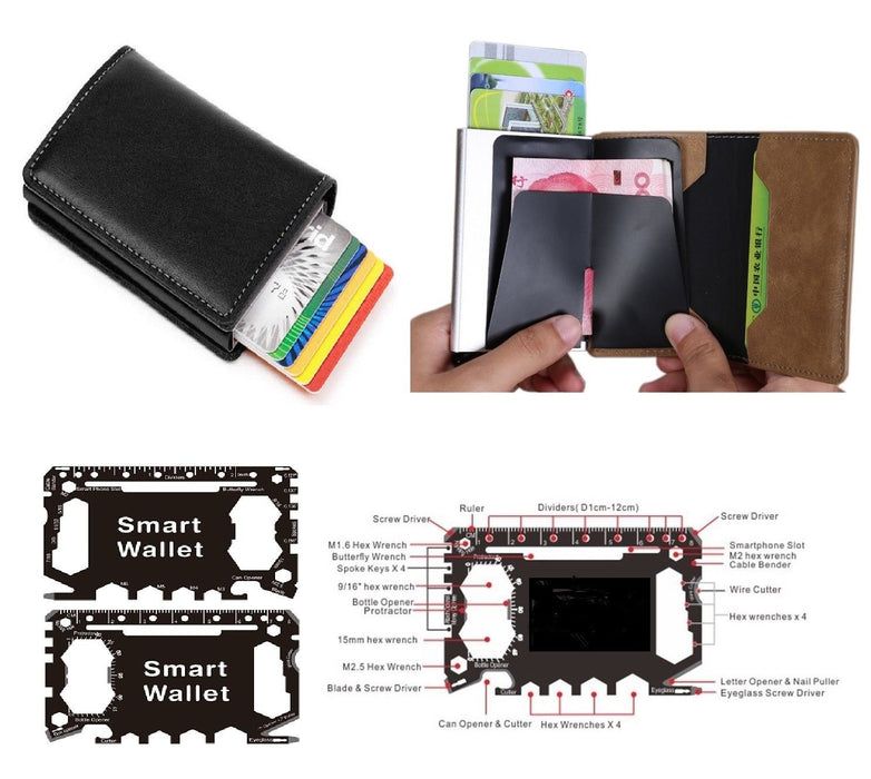 Metal Wallet money Clip for credit cards RFID Blocker + Smart Multi Tool