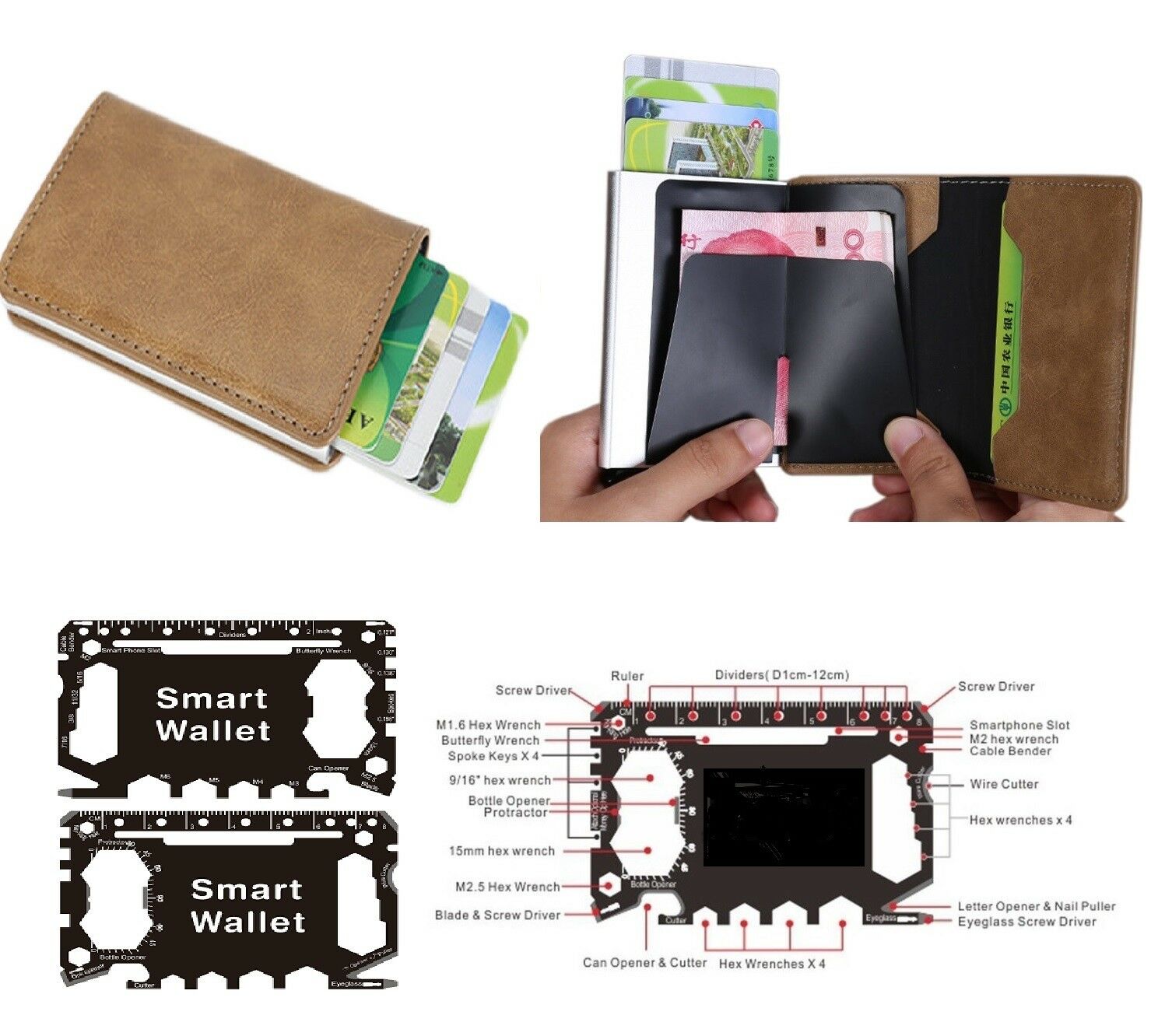 Metal Wallet oney Clip for credit cards RFID Blocker + Smart Multi Tool